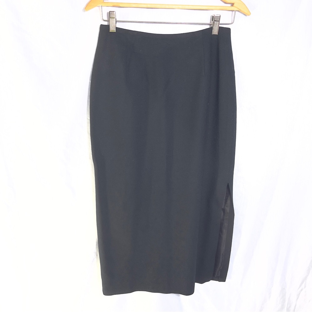 Carlisle Vintage Black Wool-Blend Midi Pencil Skirt/ Satin Lining Side Slit/8